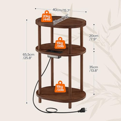 HOOBRO Small Side Table with Charging Station, 3-Tier Oval Bamboo End Table, Accent Table, Compact Sofa Bedside Table for Small Space, for Living Room, Bedroom, Apartment, Mocha MA177UBZ01 - color: Mocha