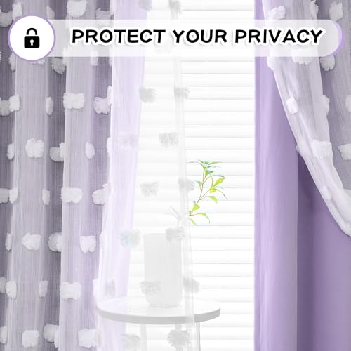 MYSKY HOME Lilac Curtains for Girls Bedroom Kids Curtain 54 Inches Length White Pom Pom Sheer Small Window Curtains 2 Panels Double Layer Curtains Grommet Room Darkening Nursery Curtains, W52 X L54 - color: Lilac, size: 52"W x 54"L (Pack of 2)