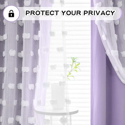 MYSKY HOME Lilac Curtains for Girls Bedroom Kids Curtain 54 Inches Length White Pom Pom Sheer Small Window Curtains 2 Panels Double Layer Curtains Grommet Room Darkening Nursery Curtains, W52 X L54 - color: Lilac, size: 52"W x 54"L (Pack of 2)