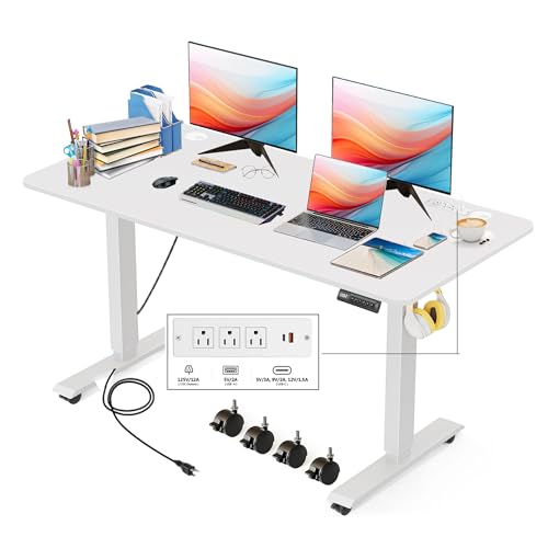 Electric Standing Desk, 48x24in Adjustable Height Computer Desk with Wheels, Sit-Stand Desk with Charging Station, 2 USB Ports, 3 Power Outlets, Spacious Workstation for Home Office(White) - color: White, size: 48 x 24''
