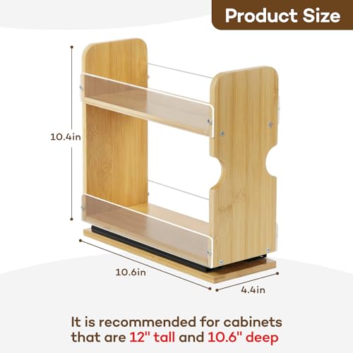 2 Tier Pull Out Spice Rack Organizer, Bamboo Sliding Spice Rack for Kitchen | Cabinet, (4.4" W x 10.6" D x 10.4" H) Spice Storage, Pantry Organization