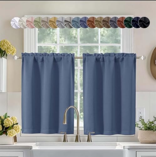 Aiyufeng Denim Blue Short 36 Inches Blackout Curtain 2 Panels Set, Half Window Rod Pocket Privacy Curtain Tiers for Kitchen, Curtains Blackout for Bathroom Shades, W40 x L36 Inch, Denim Blue - color: Denim, size: 40"W x 36"L (Pack of 2)