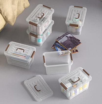 WYT 6-Pack Clear 7 Quart Storage Latch Box/Bins, Plastic Stackable Latching Box with Brown Handle and Lid, Multi-Purpose, 7 Litre - size: 7qt - 6 pack