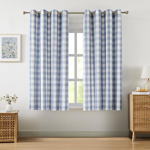 Amzdecor Buffalo Plaid Grommet Curtains 63 Inch Length, Light Filtering Check Linen Textured Curtains Drapery for Living Room Bedroom Farmhouse,2 Panels （52" x 63", Dusty Blue & White） - color: Dusty Blue/White, size: 52"W x 63"L (Pack of 2)