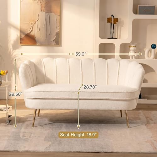 Modern Boucle Loveseat Couch, Futon Small Sofa with Gold Metal Legs | 2-Seater Upholstered Mini Sofa Couches for Small Space,Living Room Bedroom Office Dorm Studio Apartment Love Seat Couche - color: White