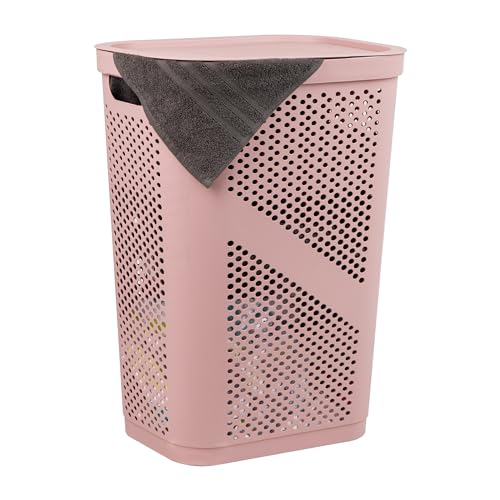 Mind Reader Slim Laundry Hamper with Lid, 60L Clothes Basket, Ventilated Plastic, Pink - color: Pink, size: Single