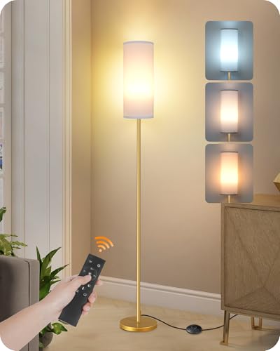 Dimmable Floor Lamp for Living Room with Remote and Foot Switch, Corner Floor Lamp, 64.4'' Standing Tall Lamp, 10W 900LM LED Bulb Included, 3000K-6500K, Linen Shade, Gold White, FCC Listed DCW06LD05W1 - color: Gold