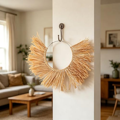 Boho Fan Seagrass Wall Hanging Decor, Rattan Wicker Basket Art, Chic Ornament for Bedroom, Living Room and Farmhouse Home 17.72x12.60x0.39in