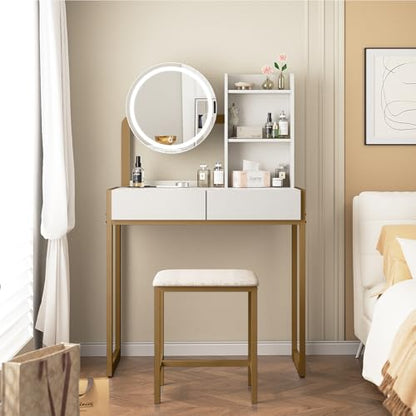 Small Vanity Desk with Mirror and Lights, Makeup Vanity Table with LED Mirror, 3 Lighting Modes, Power Outlet, Drawer, Open Shelves and Cushioned Stool for Bedroom (Gold) - color: Gold