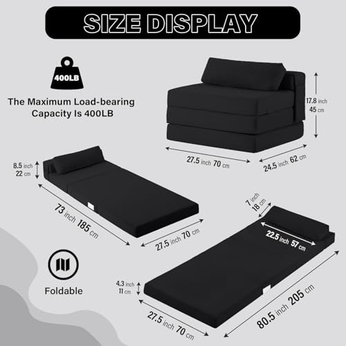 Folding Sofa Bed Chair, 4-Fold Convertible Sleeper Chair with Lumbar Pillow, Washable Cover & Side Pocket, Floor Couch Bed with Raised Seat, Single Size for Small Spaces, Black - color: Snownylon Black, size: Single Size