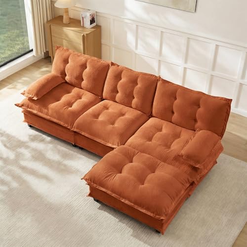 Modular Sectional L-Shaped Sofas,Roomy 3 Seater Sofa Couch with Ottoman,107.8" Chenille Cloud Couches,Modern Tufted Corner Sofa Set for Living Room - color: Orange, size: 3+1