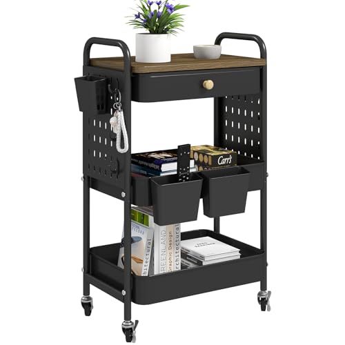3-Tier Rolling Cart, Metal Rolling Storage Cart with Wooden Table Top & DIY Pegboards, Storage Cart with Wheels, Hooks & Hanging Cups, Storage Organizer Cart Craft Art Cart, Black