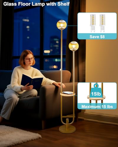 Lightdot Glass Floor Lamp with Tray Mid Century Modern Standing Lamps 3000K Warm White Bulbs Included Gold Dimmable Globe Floor Lamp with 5Lbs Heavy Base for Living Room/Wedding/Party//Sofa Beside - color: 2 Brown Globe-Gold