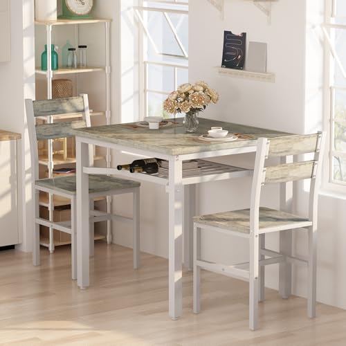 Hooseng 3 Piece Dining Table Set for 2, Small Wooden Kitchen Table with Storage, Farmhouse Square Dinette Set for Dining Room, Breakfast Nook, Apartment, Small Space - color: Grey