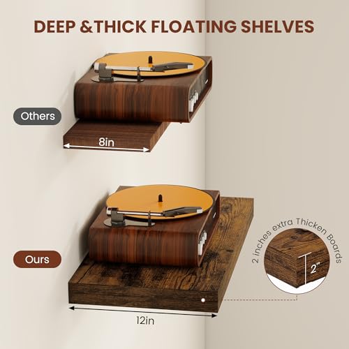 Vivelove 12" Deep Floating Shelves 24x12” Set of 2, Rustic Brown | Easy Install With Hardware, 2" Thick, Invisible Brackets, Wall Mounted, No Sagging, For Any Room - color: Rustic Brown, size: 24”wx12”dx2”h