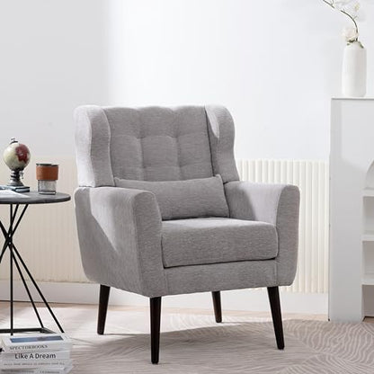 Accent Chair, Living Room Chairs with Solid Wood Legs & Pillow | Chairs Living Room with High Tufted Backrest, Reading Chair for Bedroom/Office, Chenille Fabric - color: Grey