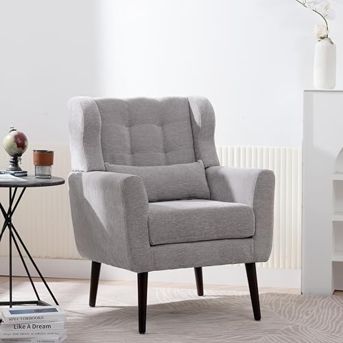 Accent Chair, Living Room Chairs with Solid Wood Legs & Pillow | Chairs Living Room with High Tufted Backrest, Reading Chair for Bedroom/Office, Chenille Fabric - color: Grey