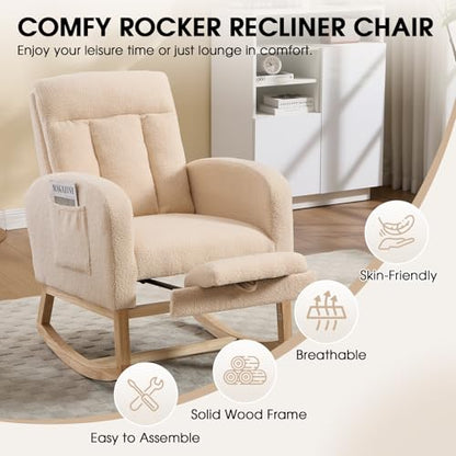 Rocking Chair Nursing, Rocker Chair with Footrest (Beige) | Teddy Boucle Upholstered Accent Reading Chair with High Back & Side Pocket for Living Room Bedroom Nursery Office - color: Beige