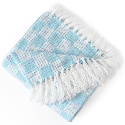 Plaid Chenille Throw Blanket for Couch - Soft Knit Blanket 50"X60" | Knitted Throw with Checkered Pattern,Cozy Warm Lightweight Boho Decorative Blankets with Tassels for Bed and Sofa,Light Blue - color: Light Blue Plaid, size: 50"x60"
