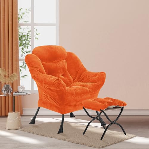 Youtanic Lazy Chair with Folding Ottoman, Accent Chair Plush Upholstered with Metal Structure and Non-Slip Pads, Sofa Armchair with Footrest and Side Storage Bag for Dorm, Room, Office, Orange - color: Plush Orange