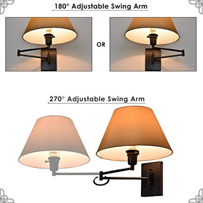 Kira Home Cambridge 15" Modern Swing Arm Wall Sconce + 3-Way Switch, 2-Pack | Golden Bronze Empire Fabric Shade, 2-in-1 Plug In or Hardwired Bedroom Wall Lamp, Black Finish - color: Black,Golden Bronze Shade,2-Pack