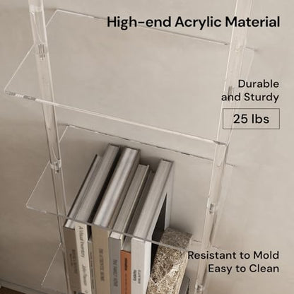 Small Acrylic Ladder Bookshelf, 9.5" D x 15.6" W, 4-Tier Clear Wall Mounted Book Shelf for Small Spaces, Multipurpose Bookcase for Living Room, Bathroom, Office, Modern, 59" H - size: 4-Tier