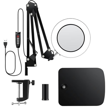 15X Real Glass Lens Magnifying Glass with Light – 3 Color Modes & Adjustable Brightness, Hands-Free Magnifier with Metal Base & Clamp for Crafts, Repair, Reading, Sewing, Painting & Close Work