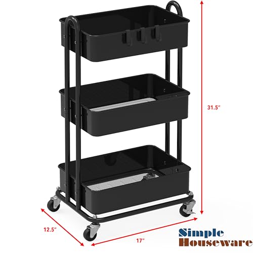 Simple Houseware 3-Tier Heavy Duty Metal Utility Rolling Cart, Black - color: Black