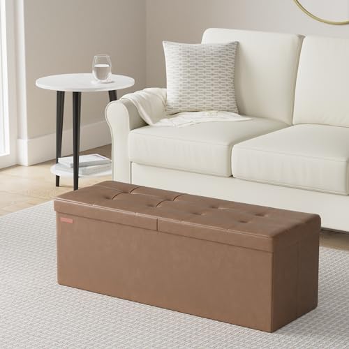 SONGMICS MAZIE Collection - 43 Inches Storage Ottoman Bench with Flipping Lid, Storage Chest with Iron Frame Support, Load 660 lb, for Living Room, Bedroom, Synthetic Leather, Coffee Brown ULSF075K01 - color: Coffee Brown, size: 15"D x 43"W x 15"H, style: