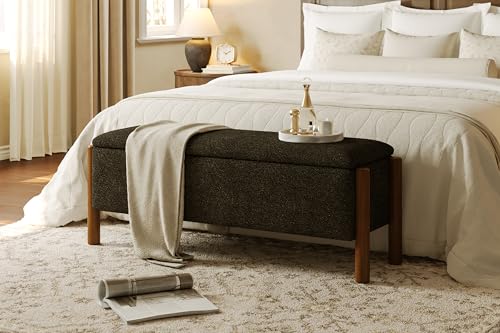 Modern Storage Benches with Walnut Wood Legs, 47'' Ottoman Bench with 20 Gallons Storage Space for Bedroom End of Bed, Fabric Upholstered Entryway Bench with Seating for Livingroom, Gray - color: Grey