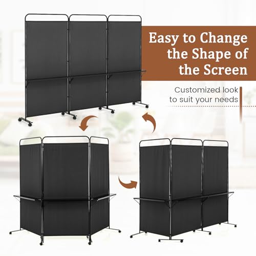 GOFLAME 3 Panel Room Divider with Storage Shelves, 6FT Folding Privacy Screen with Lockable Wheels, Portable Rolling Wall Divider, Freestanding Partition Screen for Room Separation, Black - color: Black