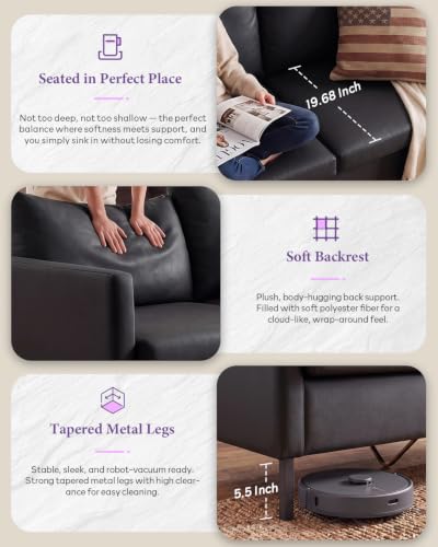 TYBOATLE Black Faux Leather Small Couch Loveseat, 2-Seater for Living Room | Love Seat, Mini Couch, Small Sofa, Modern Upholstered Design, Apartment, Dorm, Office, Bedroom, Compact Spaces - color: Black
