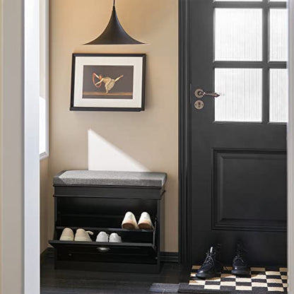 Haotian Black Hallway Shoe Bench, Narrow Shoe Rack Entryway, Small Shoe Cabinet with Flip-Drawer and Seat Cushion, FSR82-K-SCH - color: Black, size: 1 Drawer:24x9.4x20"
