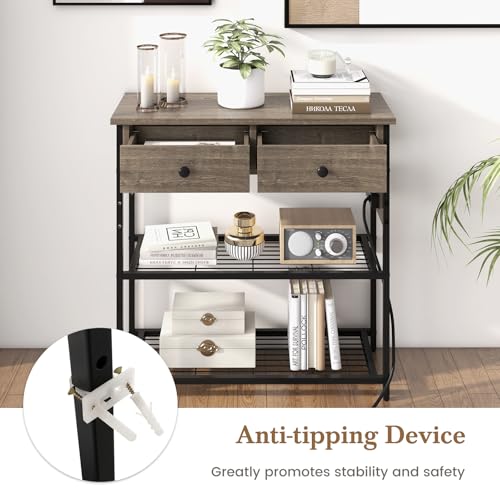 GIANTEX Industrial Console Table with Outlets, 3-Tier Narrow Entryway Table | Long Sofa Table w/ USB Ports, 2 Storage Drawers, Entry Table for Living Room, Hallway, Corridor, Behind Couch Use, Gray