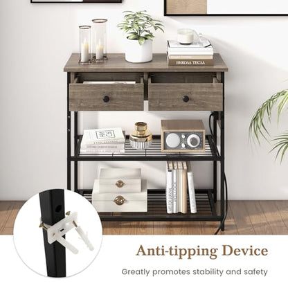 GIANTEX Industrial Console Table with Outlets, 3-Tier Narrow Entryway Table | Long Sofa Table w/ USB Ports, 2 Storage Drawers, Entry Table for Living Room, Hallway, Corridor, Behind Couch Use, Gray