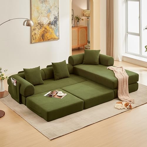 107" Modular Sectional Sofa Bed, L-Shape Corduroy Boneless Couch, Green | Sleeper Futon Sofa Bed, Boneless Couches for Living Room, Modular Couch with Storage, Pull Out Couch, No Assembly Required - color: Green Corduroy