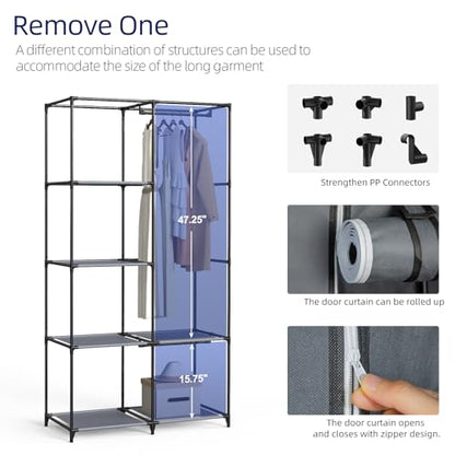 Gray Cover Portable Closet with 6 Shelves & 2 Hanging Rods | Wardrobe closet easy to assemble. Good storage functionality for basic needs. 34.6"×17.7"×66.1". Bedroom, dorm, apartment. - size: Medium