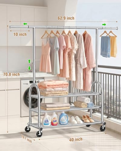 Heavy Duty Clothes Rack for Hanging Clothes Load 688 LBS, Height Adjustable Rolling Clothing Racks, Portable Metal Coat Rack Garment Wardrobe with Wheels and 3 Shelves for Bedroom, Silver - color: Silver, style: 3 Shelves