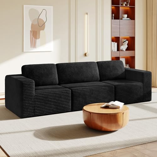 Vesgantti 119" Modular Sectional Sofa, Corduroy Cloud Couch with Deep Seating & Spring Support, 3 Seater Flexible Layout Sofa, Boneless Couch for Living Room & Apartment, No Assembly Required, Black - color: 119" - 3 Seater Black