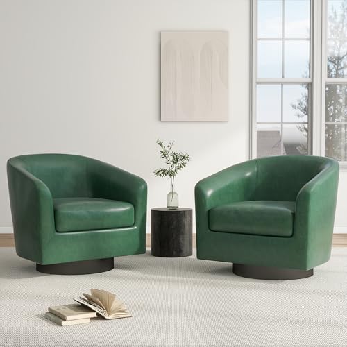 Swivel Barrel Accent Chair, Comfy Reading Armchair, Green, Set of 2 | Club Chairs for Adults, Low-Back Design, Modern Round Style, Solid Wood Frame & Metal Swivel Base, For Living Room & Bedroom - color: Green