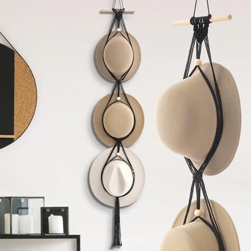 Macrame Hat Hangers Racks Boho Cowboy Hats Holders Western Display Organizer Storage decor Back of Door for Wall(Black,Three Hats Style) - color: Black, style: Three Hats Style