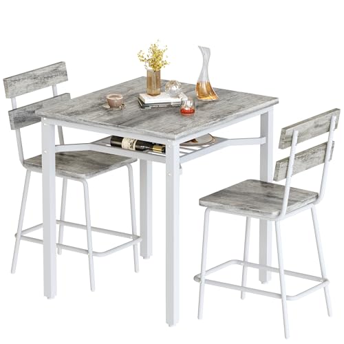 Hooseng 3 Piece Bar Table and Chairs Set, Counter Height Small Dining Table with 2 Bar Stools, Farmhouse Square Kitchen Table with Storage for Bistro, Pub, Small Space - color: Grey