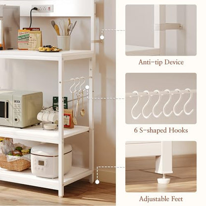 SUPERJARE Bakers Rack with Power Outlets, Microwave Stand, 31.5 X 16.5 Inch Larger Desktop, Kitchen Storage Rack with Adjustable Middle Shelf, 6 S-Shaped Hooks, Coffee Bar Stand, White - color: White, size: 31.5 inch