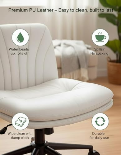 Marsail Armless-Office Desk Chair with Wheels: PU Leather Cross Legged Wide Chair,Comfortable Adjustable Swivel Task Chairs for Home,Office,Make Up,Small Space,Bed Room(Light Beige) - color: Light Beige