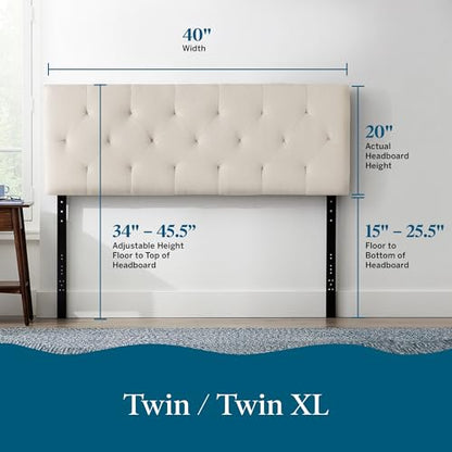 Lucid Mid-Rise Upholstered Headboard - Diamond Tufted - Padded Polyester - Adjustable Height from 34” to 46” - Easy Assembly - Bed Frame or Wall Mount - Sturdy - Pearl - Twin / Twin XL Size - color: Pearl, size: Twin/Twin XL