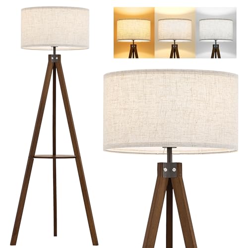 ELYONA Tripod Floor Lamp with Table, Mid Century Wood Shelf Standing Light Modern Tall Floor Lamp with Linen Shade for Living Room Bedroom Office,Dark Brown, 3 Color Temperatures LED Bulb Include - style: Country Rustic