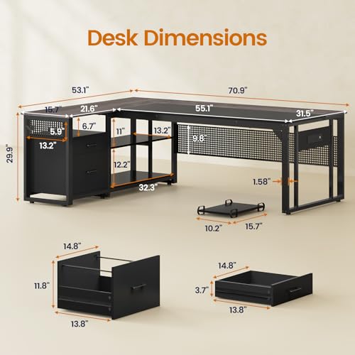 71" L Shaped Executive Desk, Office Desk with Storage Drawers | Reversible Modern Computer Desk with File Cabinet & Shelves, Large Corner Desk with Pegboard, Mobile CPU Stand, Grey - color: Grey, size: 2 Drawers