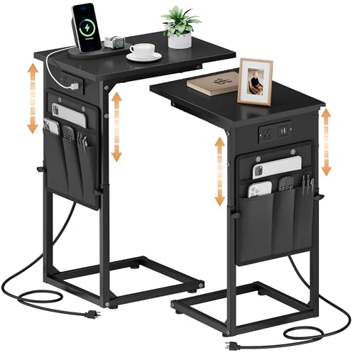 C-Shaped End Tables Set of 2 with Charging Station, 33'' Tall C Table Adjustable Height Side Table, Sofa Table for Couch, Couch Table that Slide Under Sofa, TV Trays for Living Room, Black - color: 2pc Black, style: With Plug
