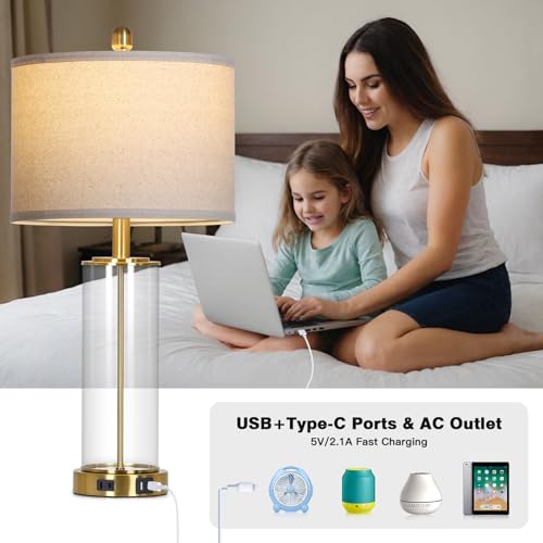 Ruzectt 26" Glass Table Lamp Single, 3-Way Dimmable Touch Control Living Room Lamp with USB C+A Ports & AC Outlet, Modern Bedside Lamps, Bedroom Lamps for Nightstand Side End Table Desk, Gold-1PK - color: Gold-1PK