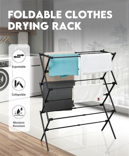 3-Tier Metal Folding Clothes Drying Rack, Laundry Drying Rack Clothing | Collapsible Dryer Racks for Laundry | Indoor & Outdoor,Black - color: Black